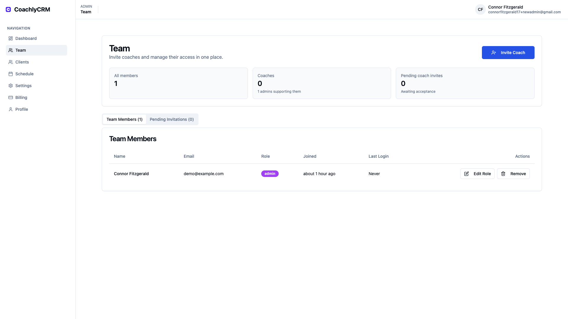 Team workspace interface showing coaches assigned to clients