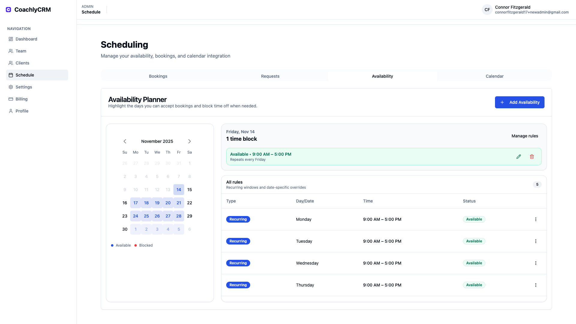 Scheduling interface with working hours